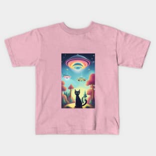 Cat UFO Forest Kids T-Shirt